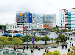 very modern center of campus with various colors and nontraditional design motifs.