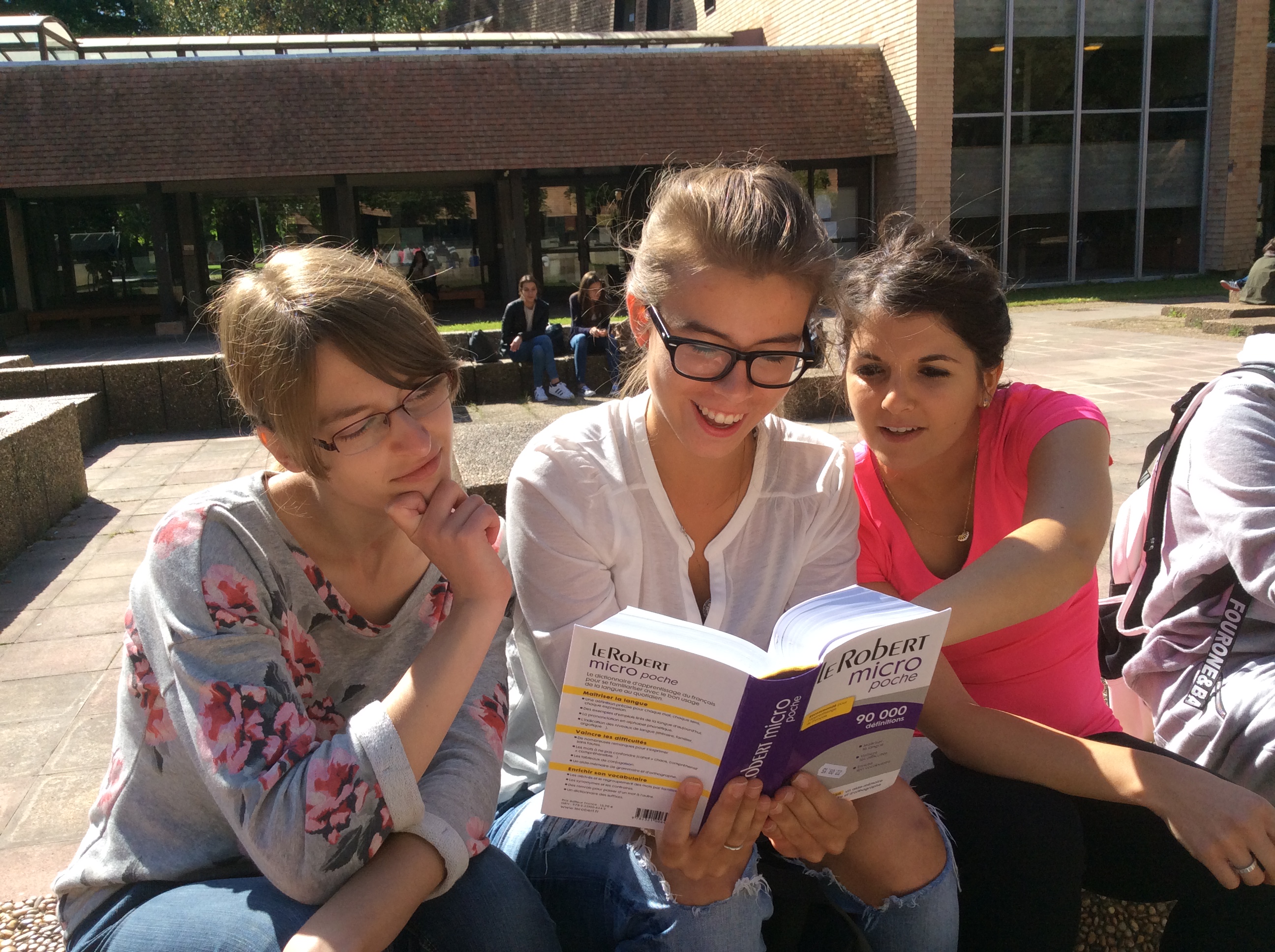 students looking at a French dictionary